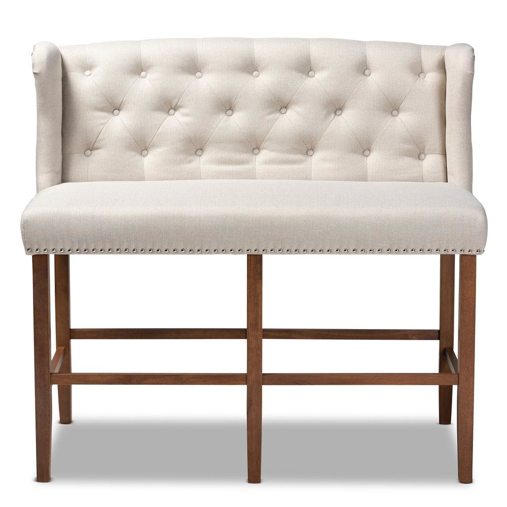 Beige Fabric Upholstered Walnut Finished Wood Button Tufted Bar Stool Bench
