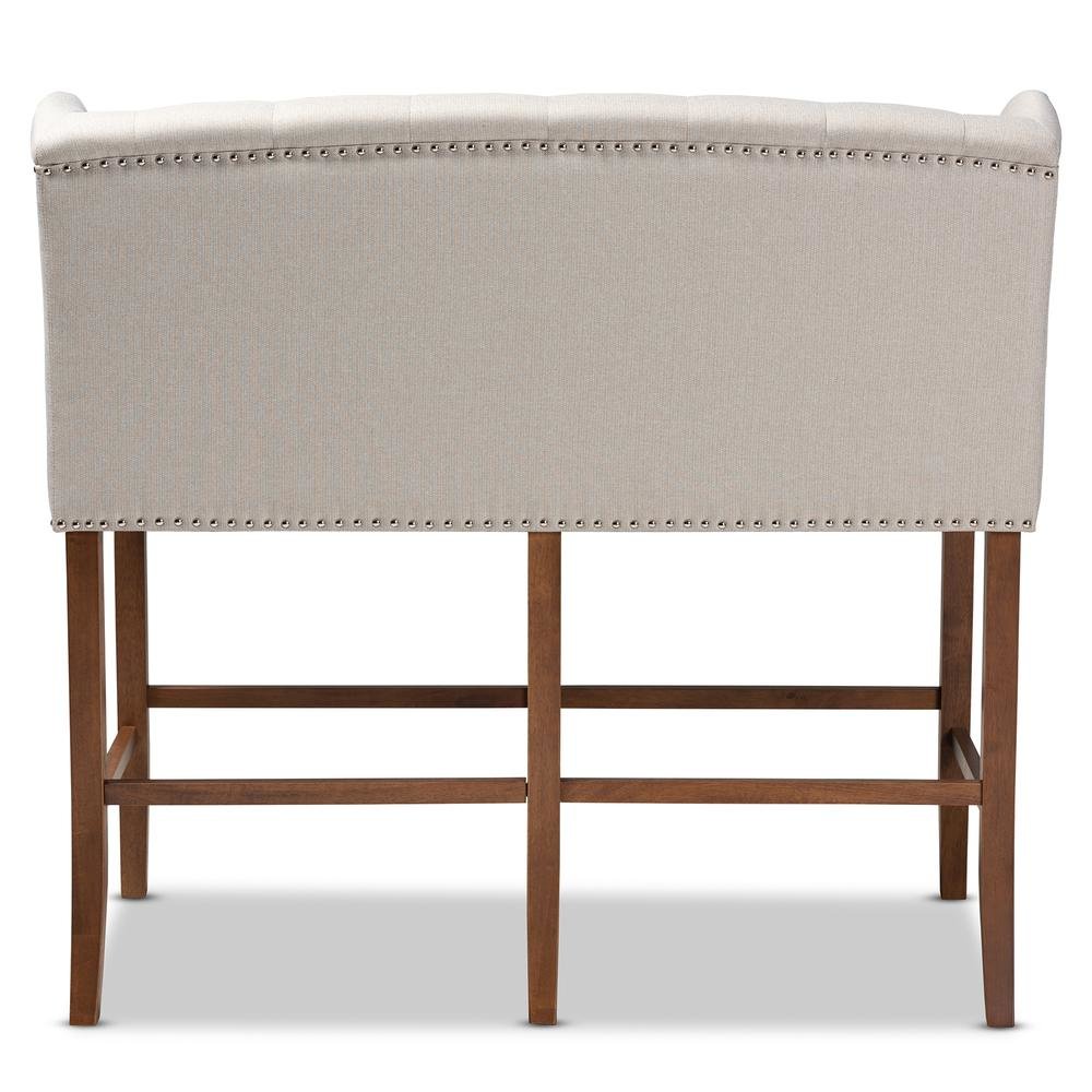 Beige Fabric Upholstered Walnut Finished Wood Button Tufted Bar Stool Bench