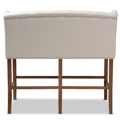Beige Fabric Upholstered Walnut Finished Wood Button Tufted Bar Stool Bench