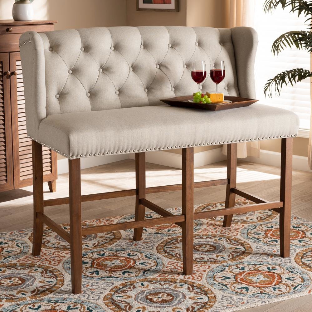 Beige Fabric Upholstered Walnut Finished Wood Button Tufted Bar Stool Bench