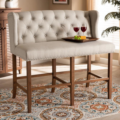 Beige Fabric Upholstered Walnut Finished Wood Button Tufted Bar Stool Bench