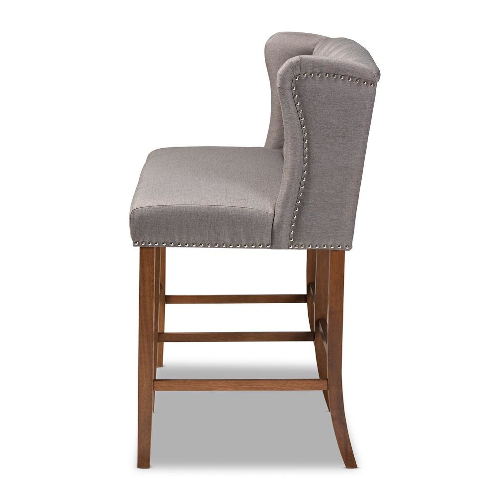 Grey Fabric Upholstered Walnut Finished Wood Button Tufted Bar Stool Bench