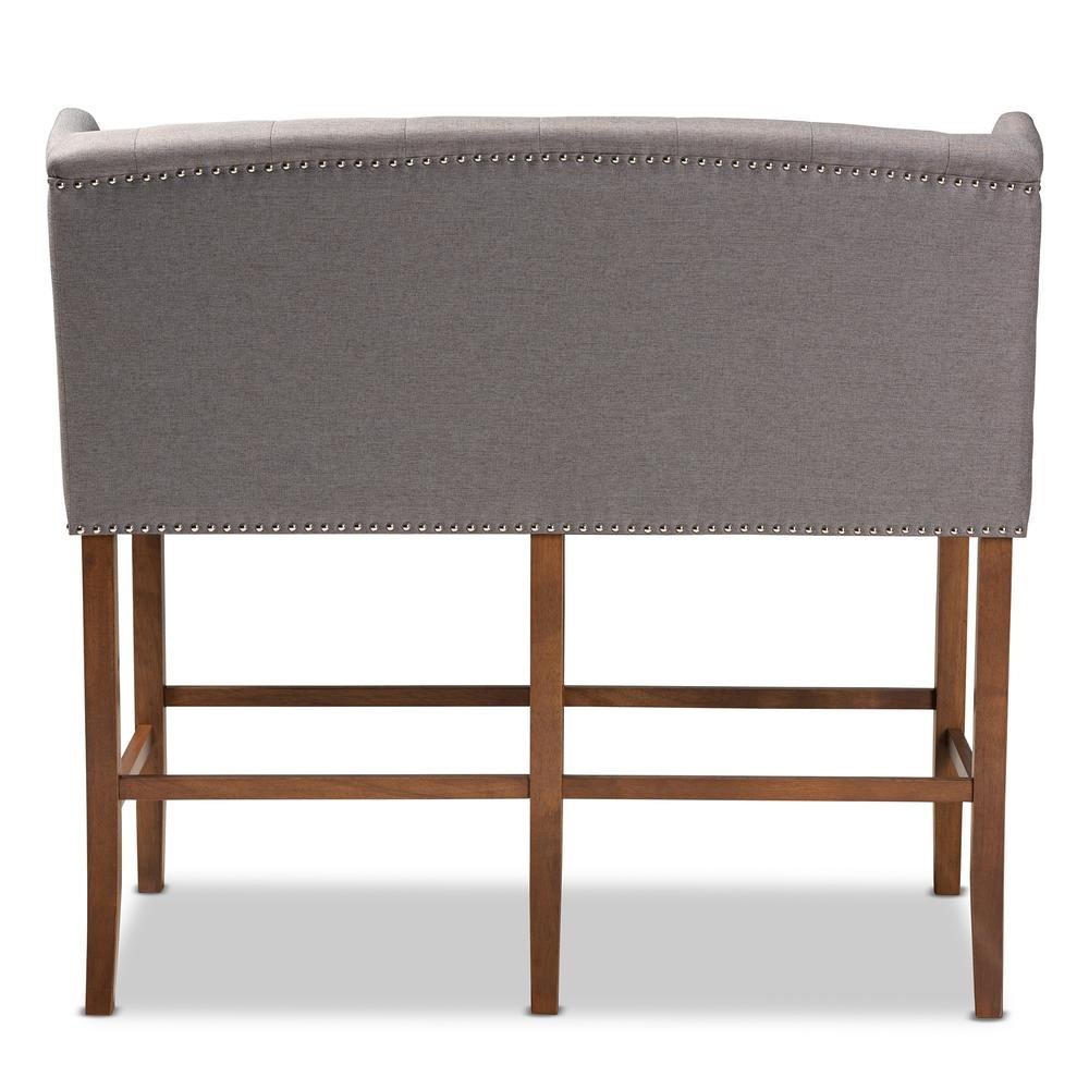 Grey Fabric Upholstered Walnut Finished Wood Button Tufted Bar Stool Bench