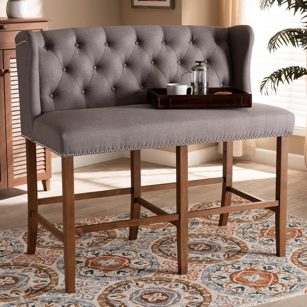 Grey Fabric Upholstered Walnut Finished Wood Button Tufted Bar Stool Bench