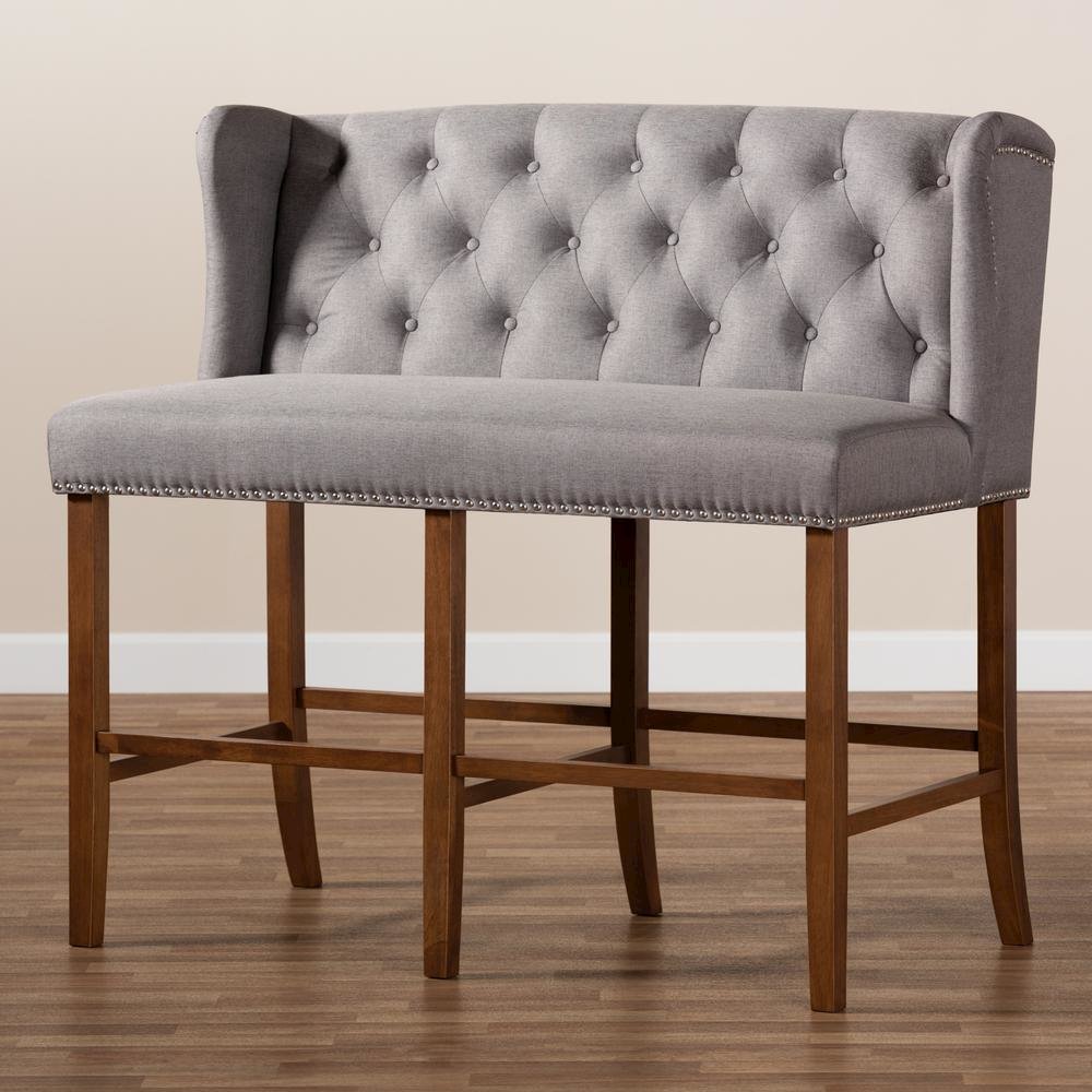 Grey Fabric Upholstered Walnut Finished Wood Button Tufted Bar Stool Bench