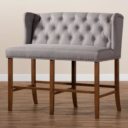 Grey Fabric Upholstered Walnut Finished Wood Button Tufted Bar Stool Bench