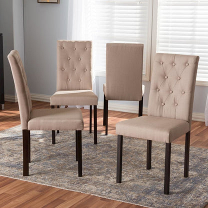 Dark Brown Finished Beige Fabric Upholstered Dining Chair (Set of 4)