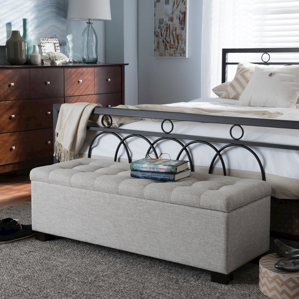 Beige Fabric Upholstered Grid-Tufting Storage Ottoman Bench