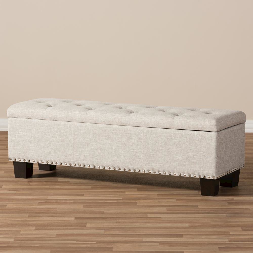 Beige Fabric Upholstered Button-Tufting Storage Ottoman Bench