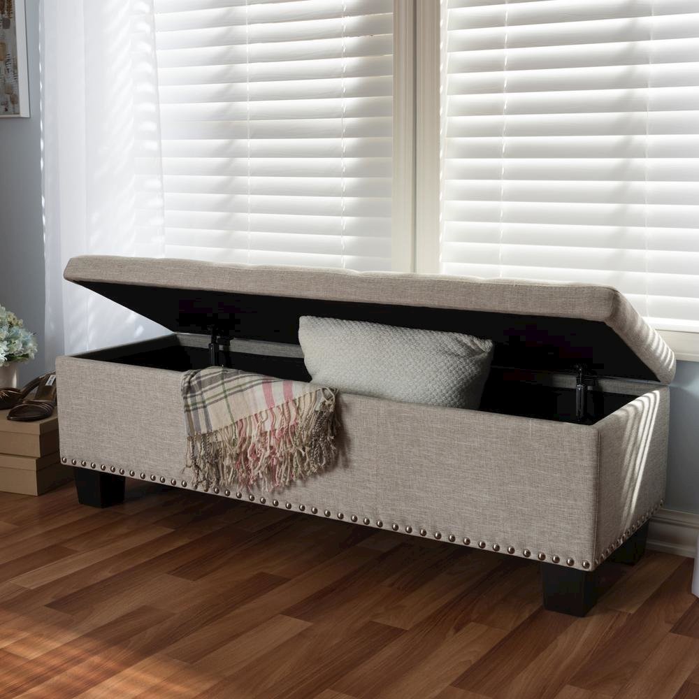Beige Fabric Upholstered Button-Tufting Storage Ottoman Bench