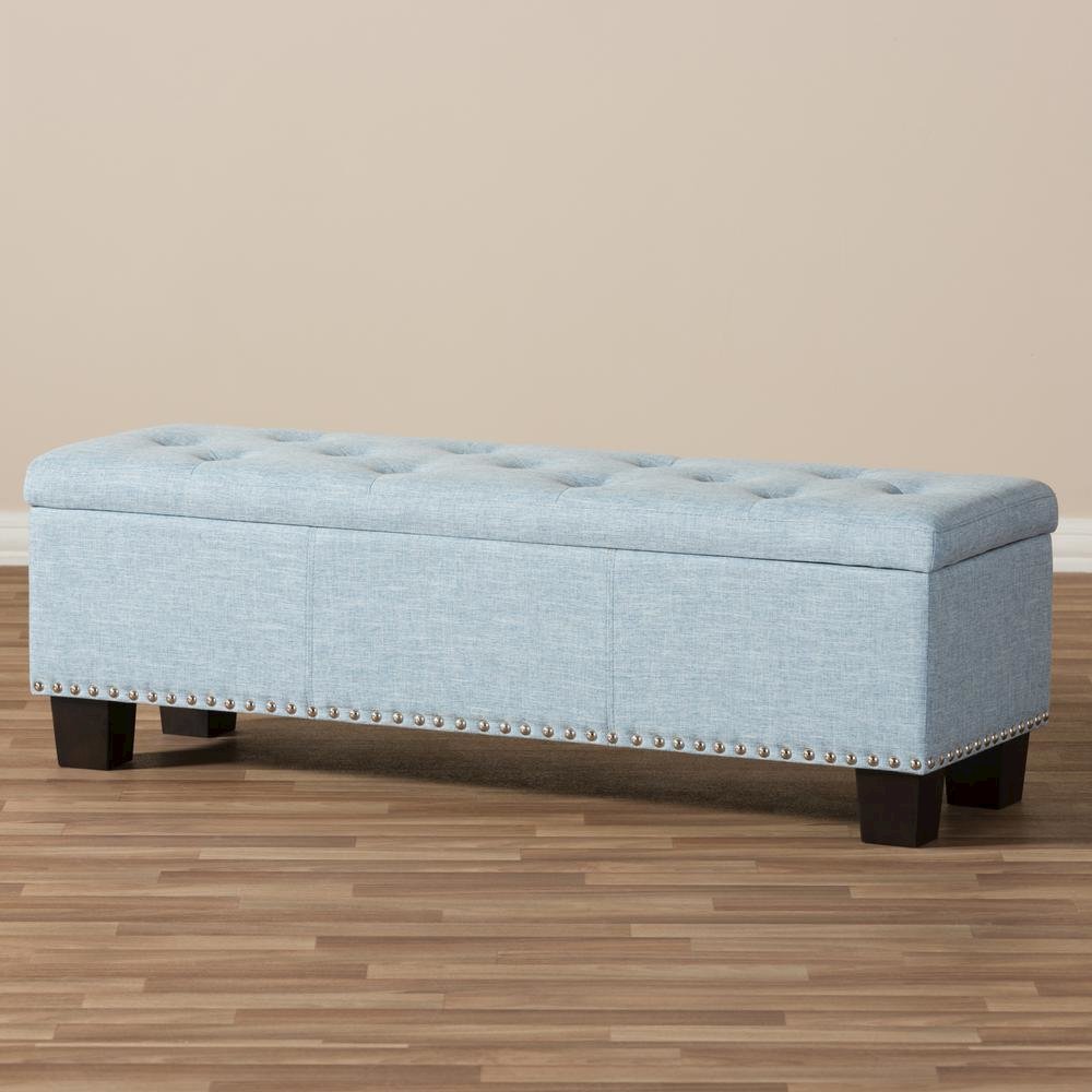 Light Blue Fabric Upholstered Button-Tufting Storage Ottoman Bench