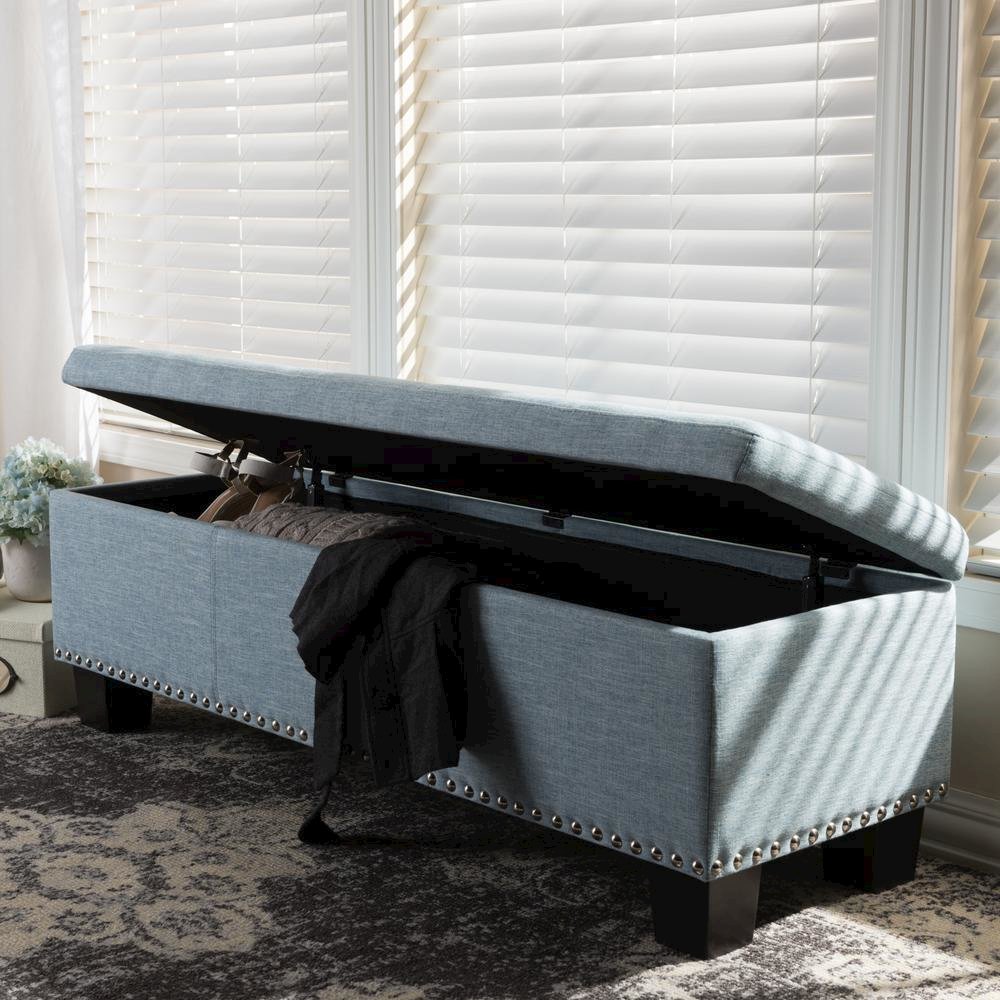 Light Blue Fabric Upholstered Button-Tufting Storage Ottoman Bench