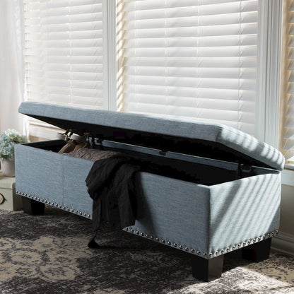 Light Blue Fabric Upholstered Button-Tufting Storage Ottoman Bench