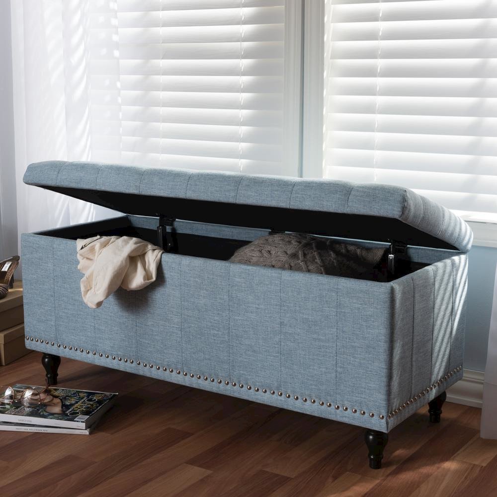 Classic Light Blue Fabric Upholstered Button-Tufting Storage Ottoman Bench
