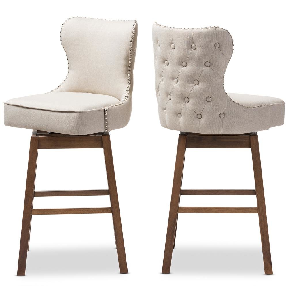 Light Beige Fabric Button-Tufted Upholstered 2-Piece Swivel Barstool Set