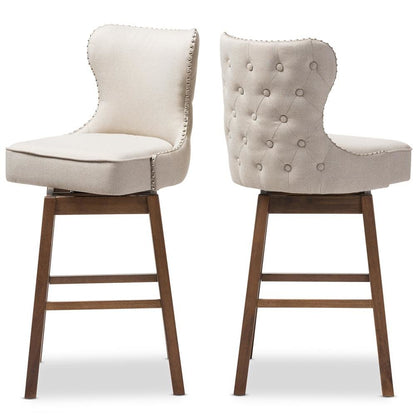 Light Beige Fabric Button-Tufted Upholstered 2-Piece Swivel Barstool Set