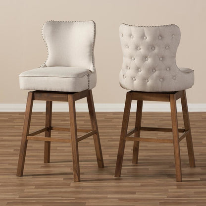 Light Beige Fabric Button-Tufted Upholstered 2-Piece Swivel Barstool Set