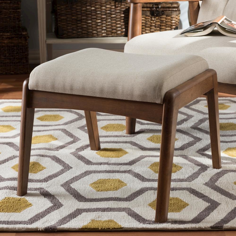 Walnut Wood Finishing and Light Beige Fabric Upholstered Ottoman