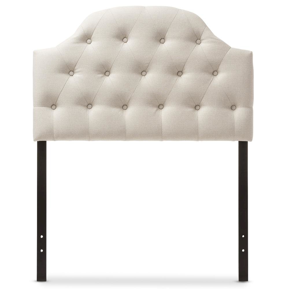 Light Beige Fabric Upholstered Button-Tufted Scalloped Twin Size Headboard