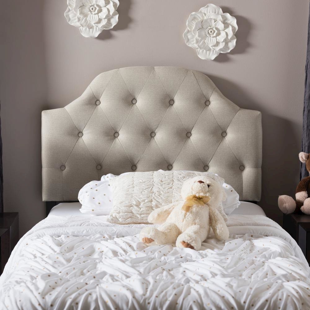 Light Beige Fabric Upholstered Button-Tufted Scalloped Twin Size Headboard