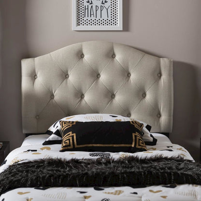 Light Beige Fabric Upholstered Button-Tufted Scalloped Twin Size Headboard