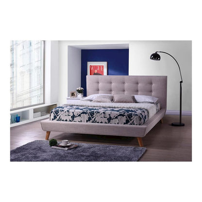 Mid-century Beige Fabric Upholstered Queen Size Platform Bed