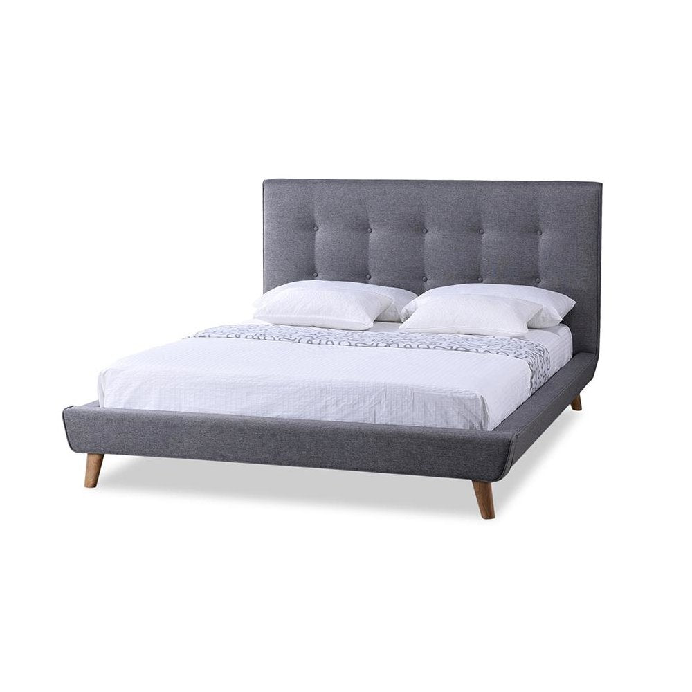 Mid-century Grey Fabric Upholstered Queen Size Platform Bed