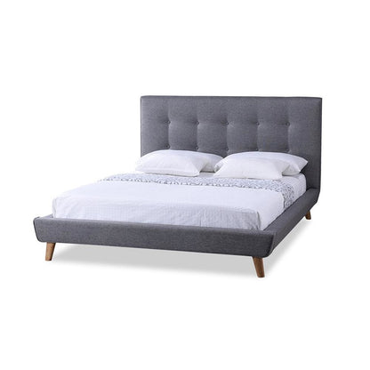 Mid-century Grey Fabric Upholstered Queen Size Platform Bed