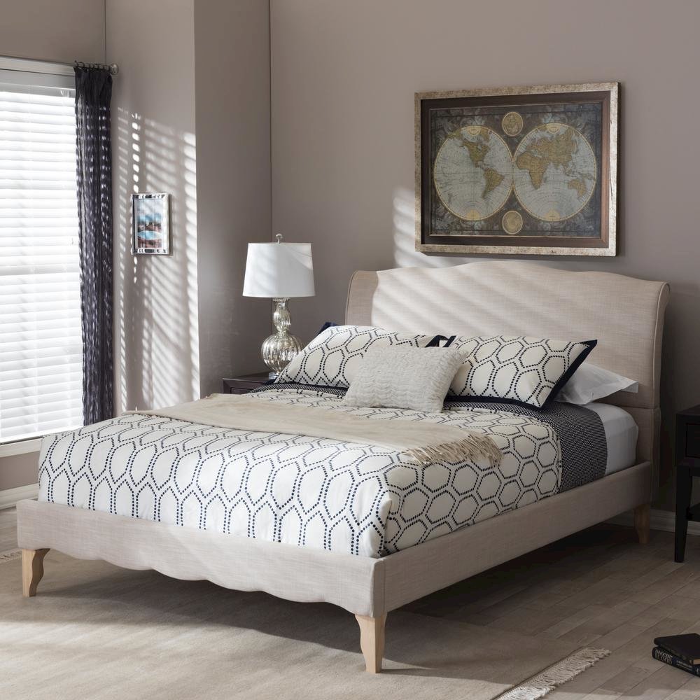 Fannie French Classic Modern Style Beige Linen Fabric King Size Platform Bed