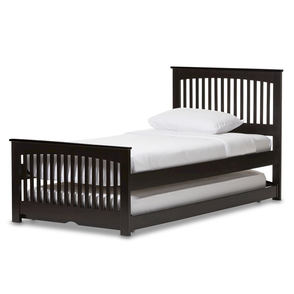 Hevea Twin Size Dark Brown Solid Wood Platform Bed with Guest Trundle Bed