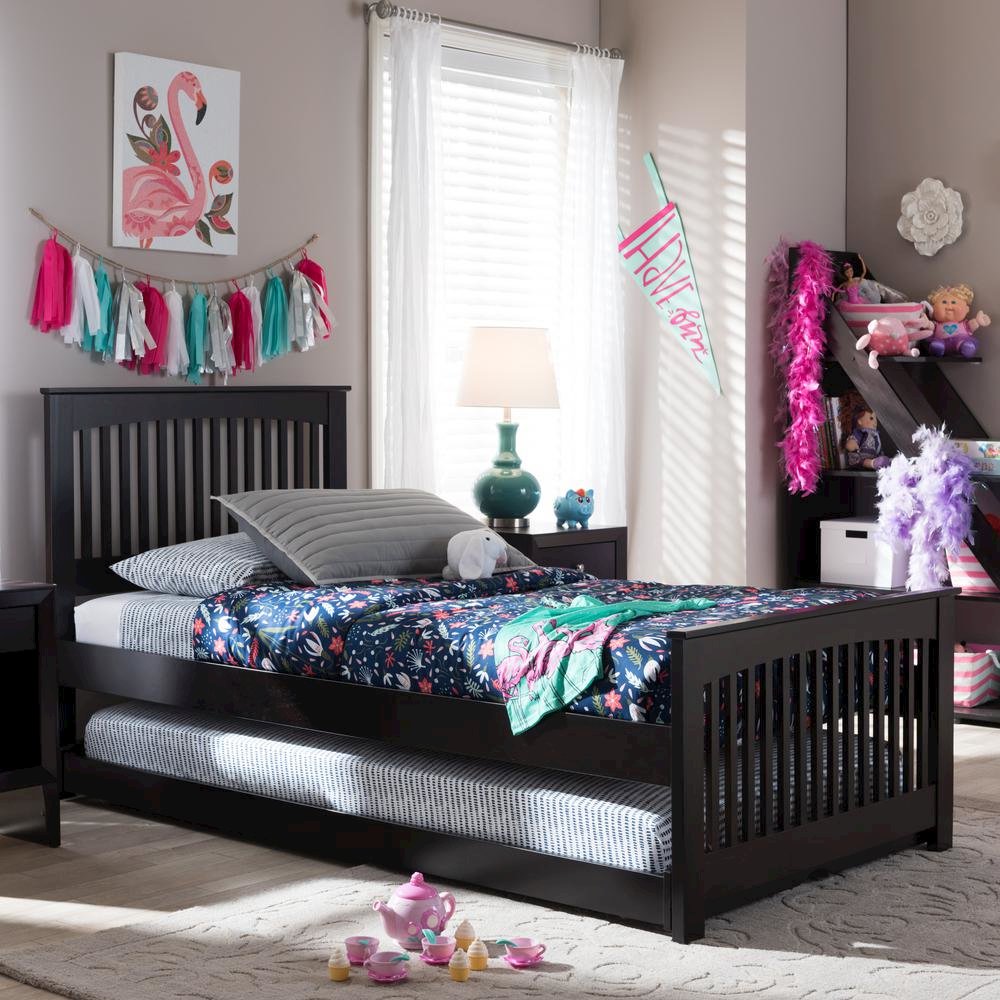Hevea Twin Size Dark Brown Solid Wood Platform Bed with Guest Trundle Bed