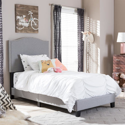 Grey Fabric Upholstered Twin Size Arched Bed with Nail Heads