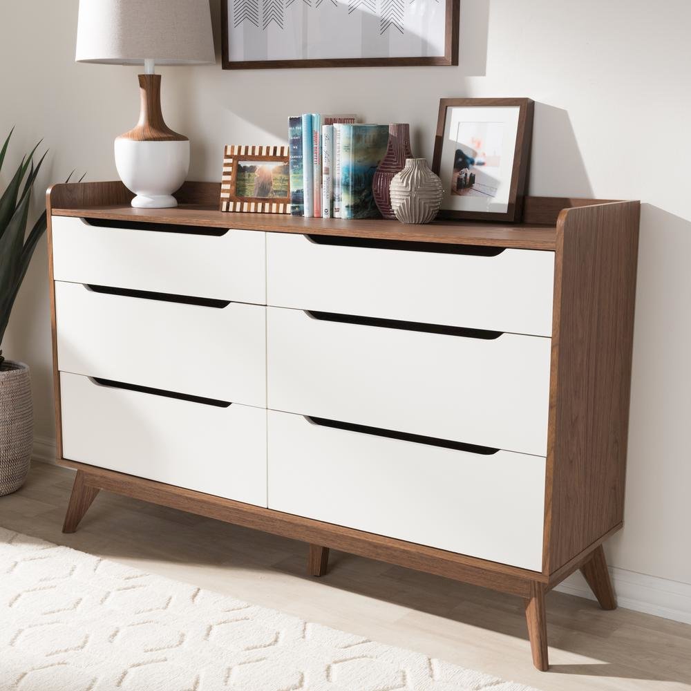 Brighton Mid-Century Modern White and Walnut Wood 6-Drawer Storage Dresser
