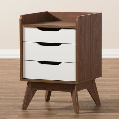 Brighton Mid-Century Modern White and Walnut Wood 3-Drawer Storage Nightstand
