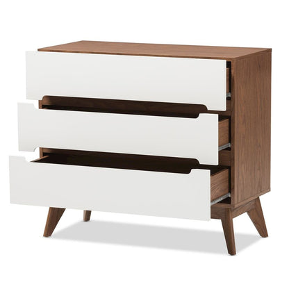 Calypso Mid-Century Modern White and Walnut Wood 3-Drawer Storage Chest
