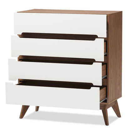 Calypso Mid-Century Modern White and Walnut Wood 4-Drawer Storage Chest