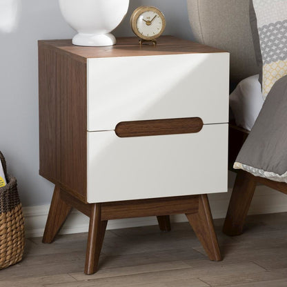 Calypso Mid-Century Modern White and Walnut Wood 3-Drawer Storage Nightstand