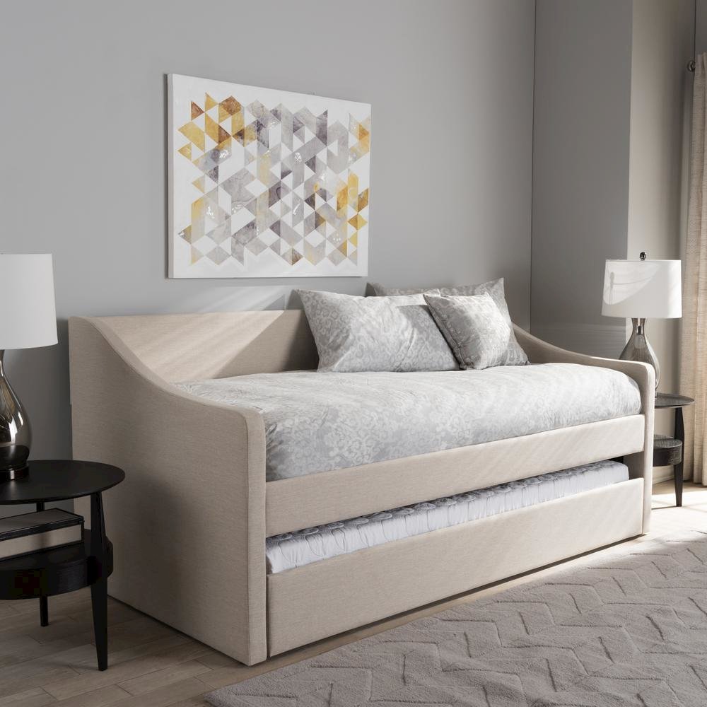 Beige Fabric Upholstered Daybed with Guest Trundle Bed