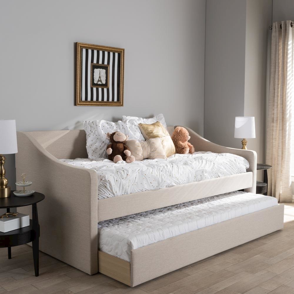 Beige Fabric Upholstered Daybed with Guest Trundle Bed