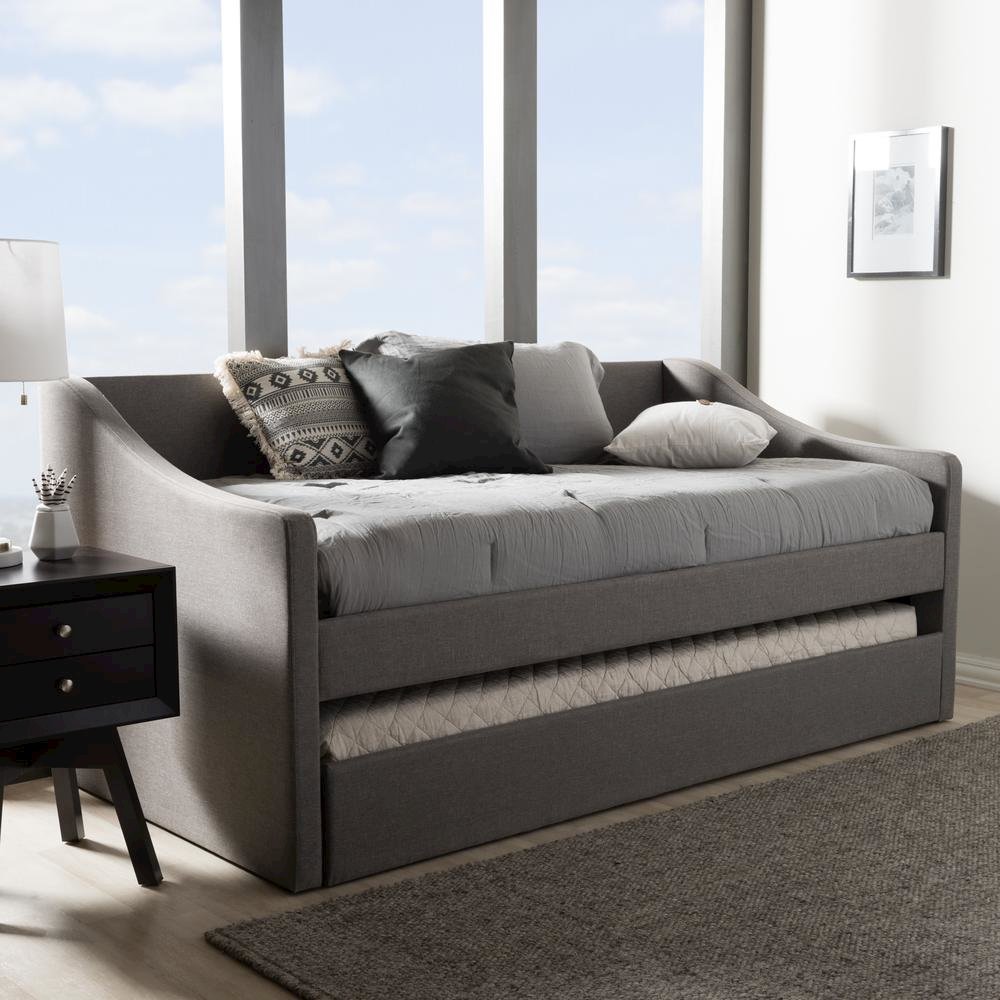 Grey Fabric Upholstered Daybed with Guest Trundle Bed