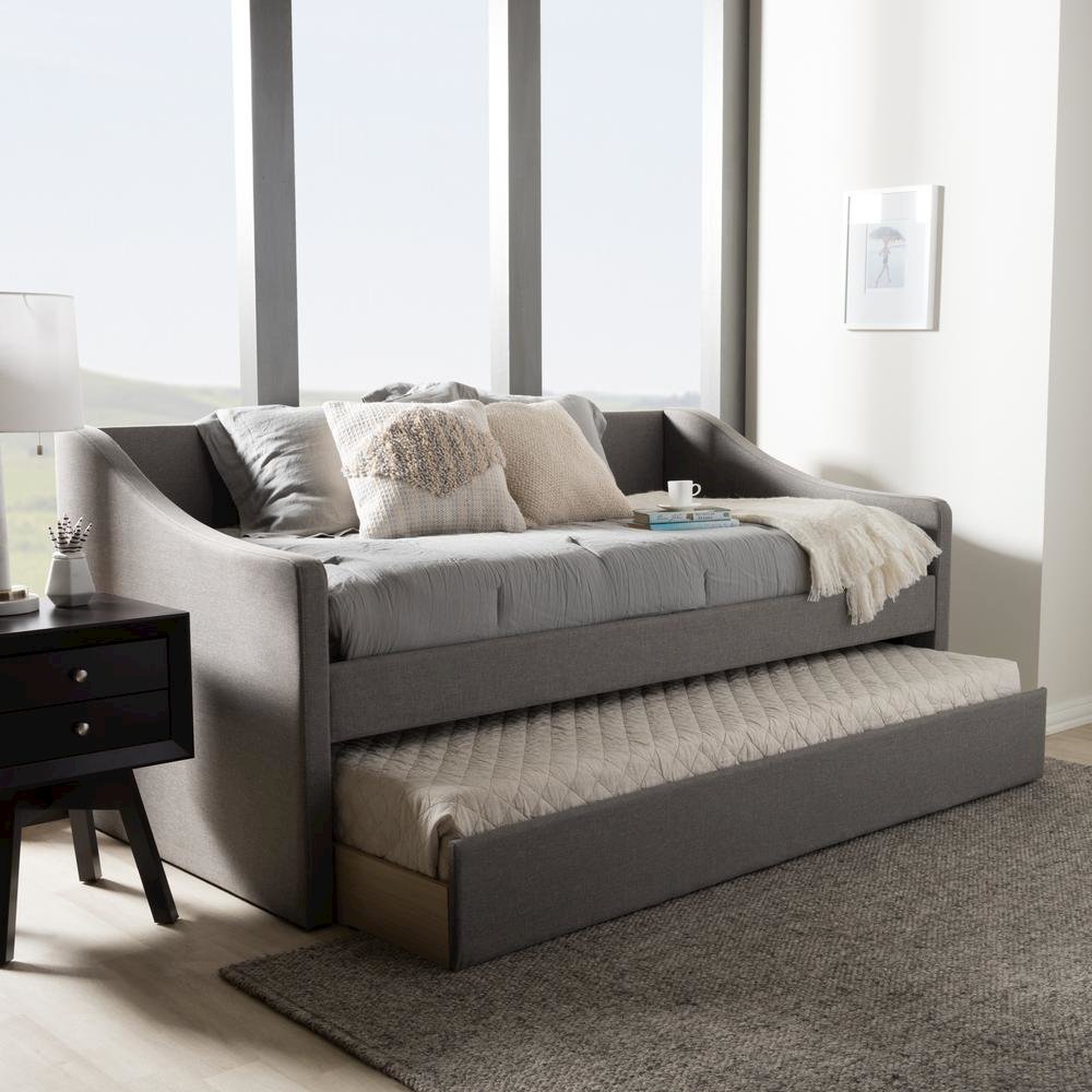 Grey Fabric Upholstered Daybed with Guest Trundle Bed