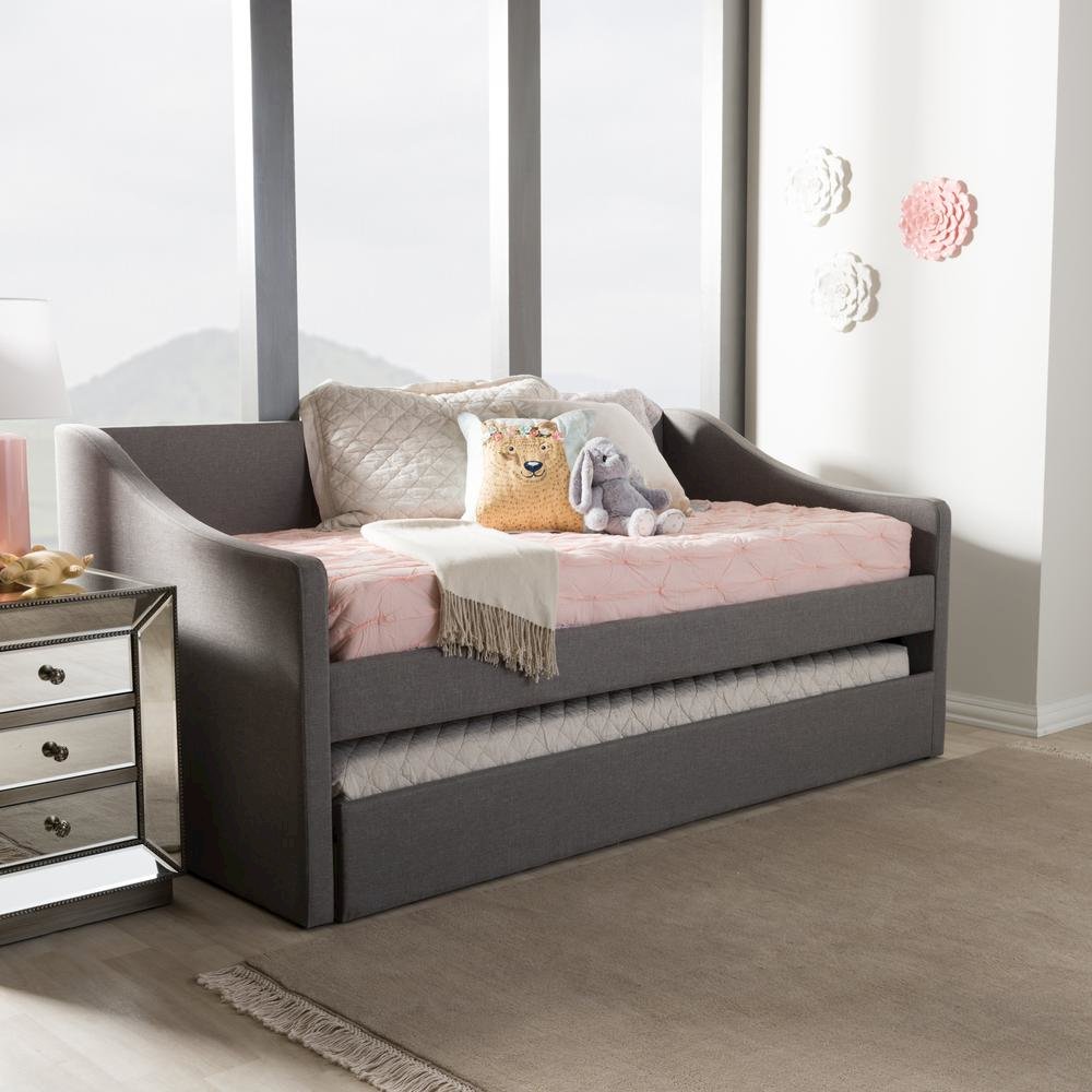 Grey Fabric Upholstered Daybed with Guest Trundle Bed