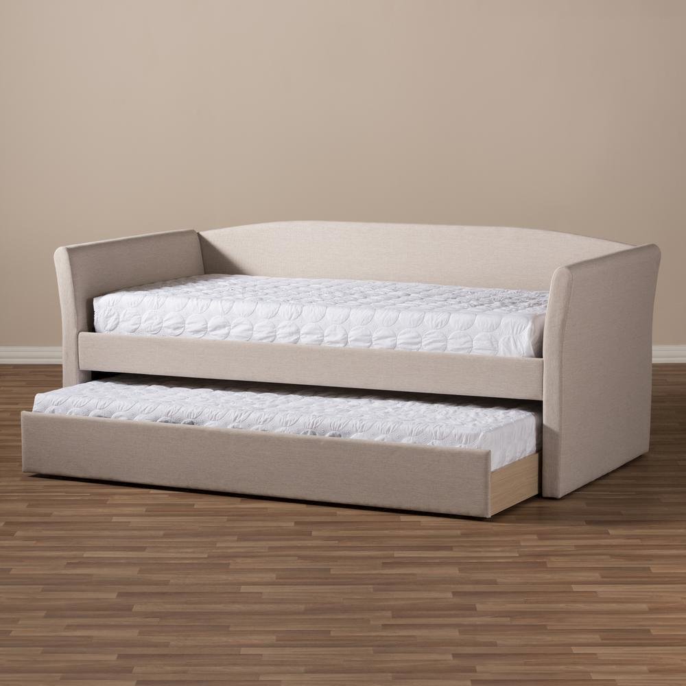 Beige Fabric Upholstered Daybed with Guest Trundle Bed