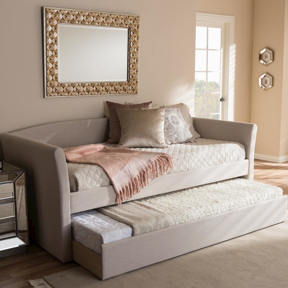 Beige Fabric Upholstered Daybed with Guest Trundle Bed