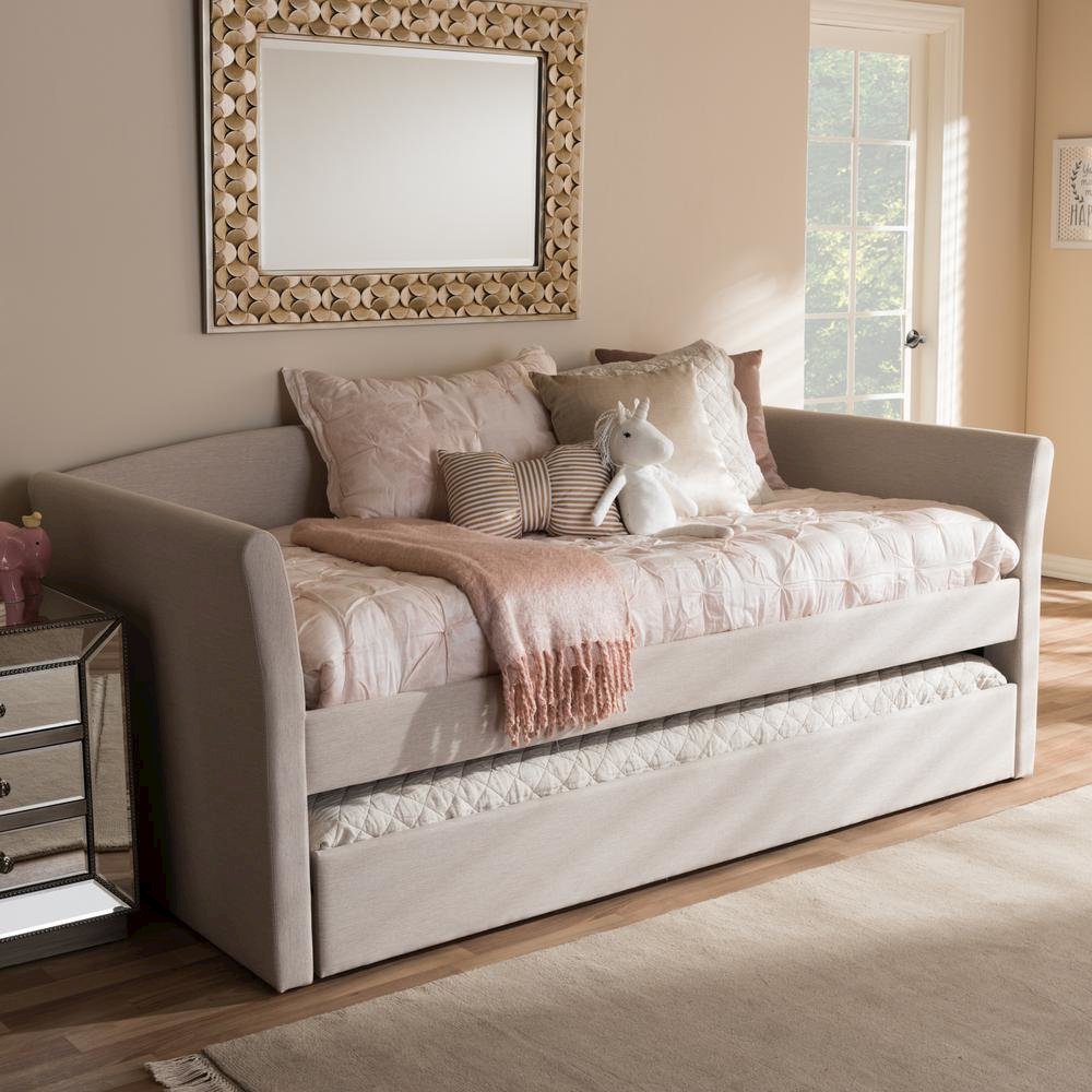Beige Fabric Upholstered Daybed with Guest Trundle Bed