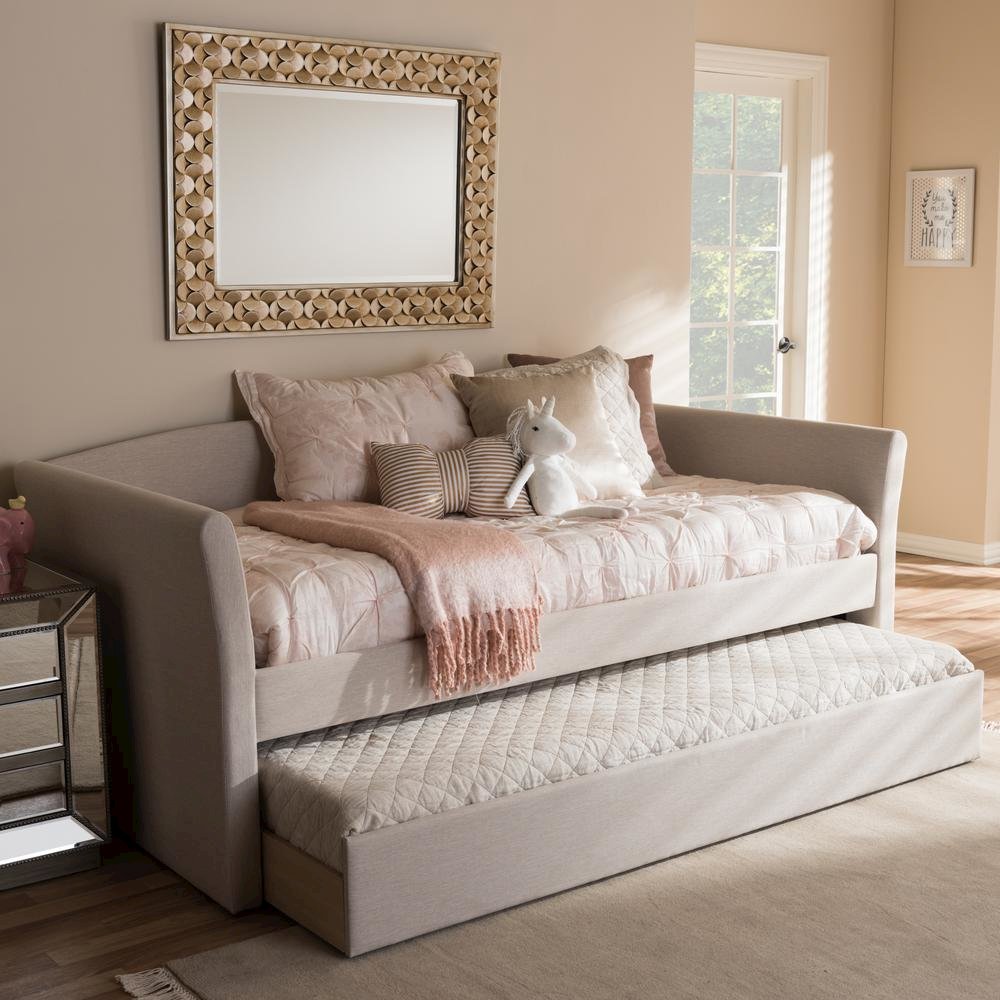 Beige Fabric Upholstered Daybed with Guest Trundle Bed