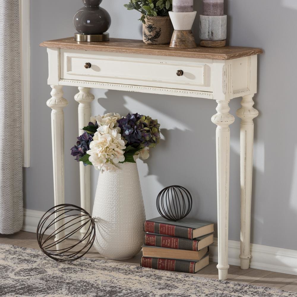 Weathered Oak and White Wash Distressed Finish Wood Two-Tone Console Table