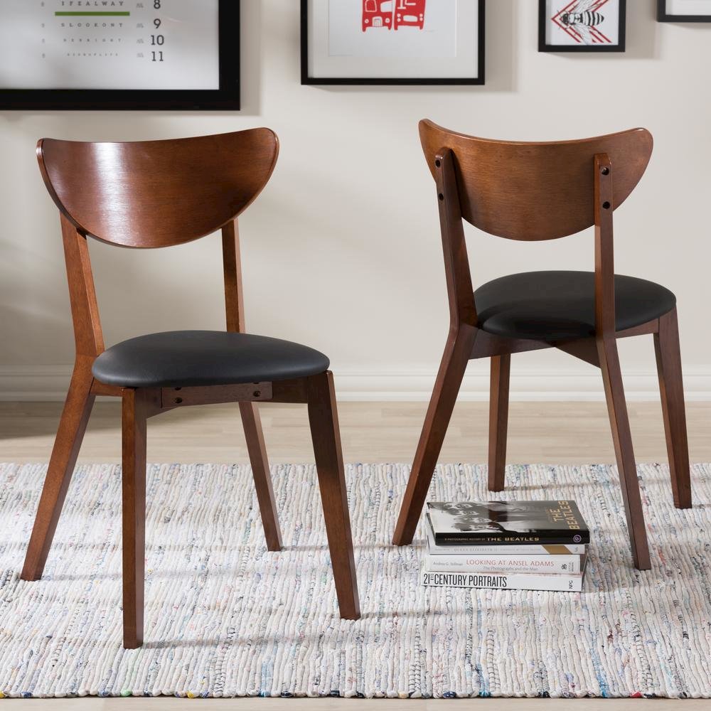 Sumner Mid-Century Black Faux Leather and Walnut Brown Dining Chair