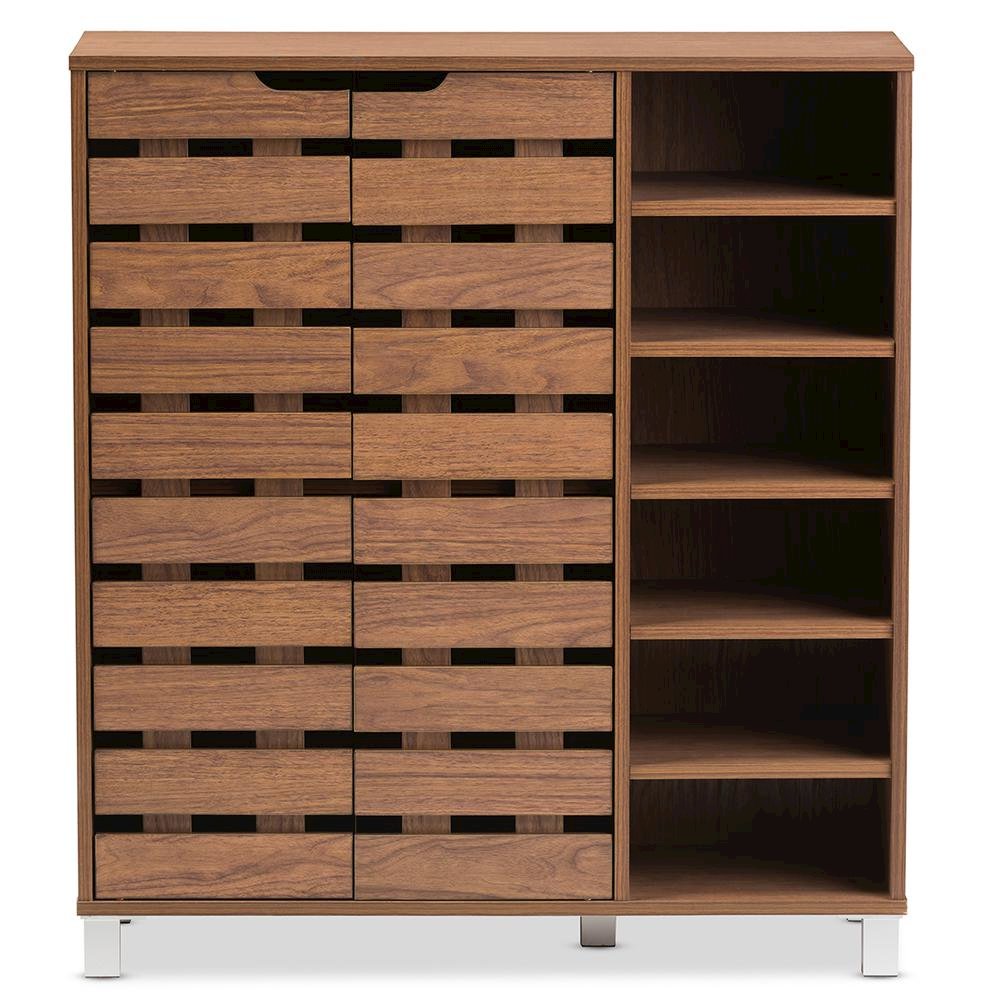 "Walnut" Medium Brown Wood 2-Door Shoe Cabinet with Open Shelves