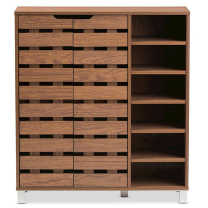 "Walnut" Medium Brown Wood 2-Door Shoe Cabinet with Open Shelves